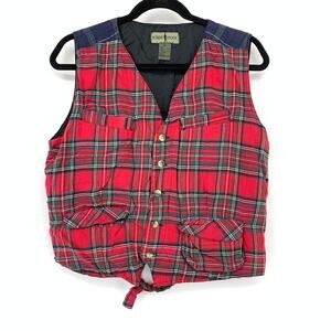 Vintage 90s Plaid Flannel Vest Womens Sz Large Red Blue V-Neck Holiday Christmas